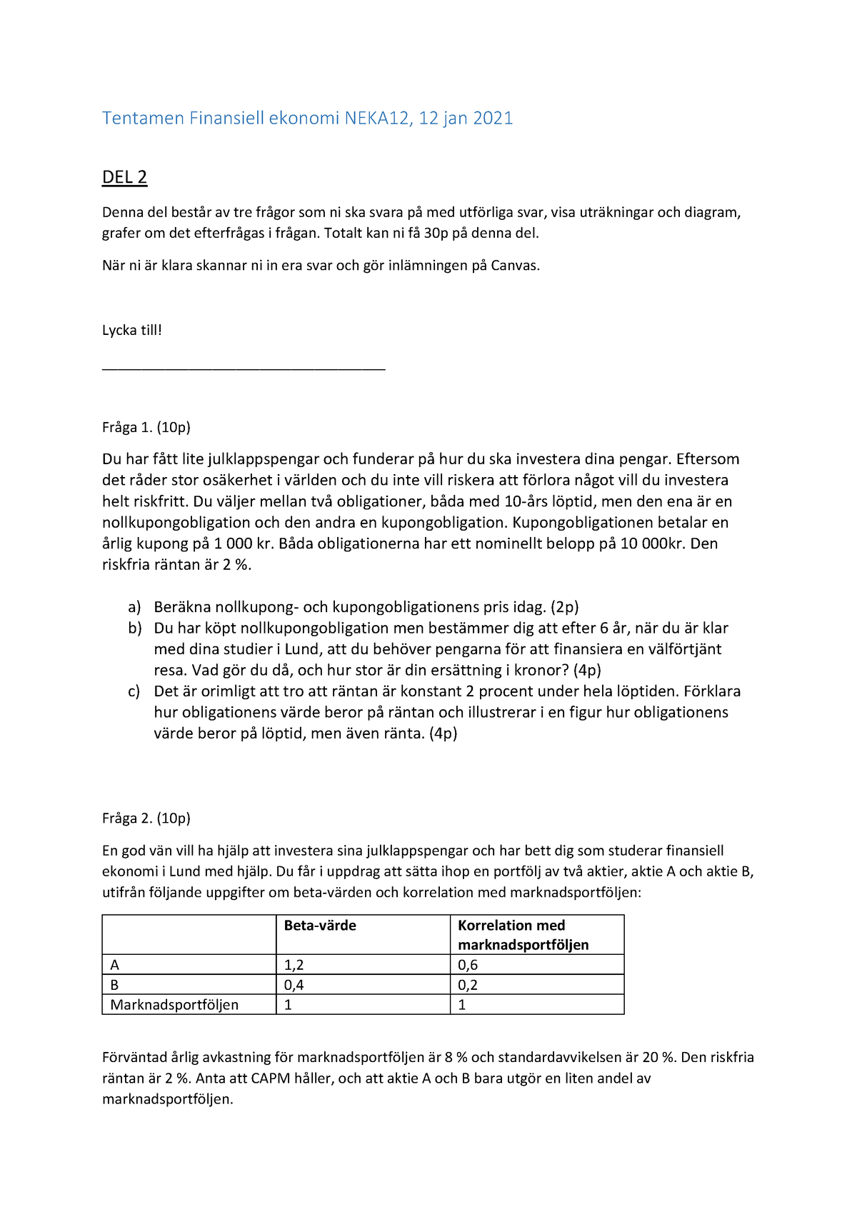 Extenta 3 Finans - Finansiell Ekonomi - Tentamen Finansiell Ekonomi ...