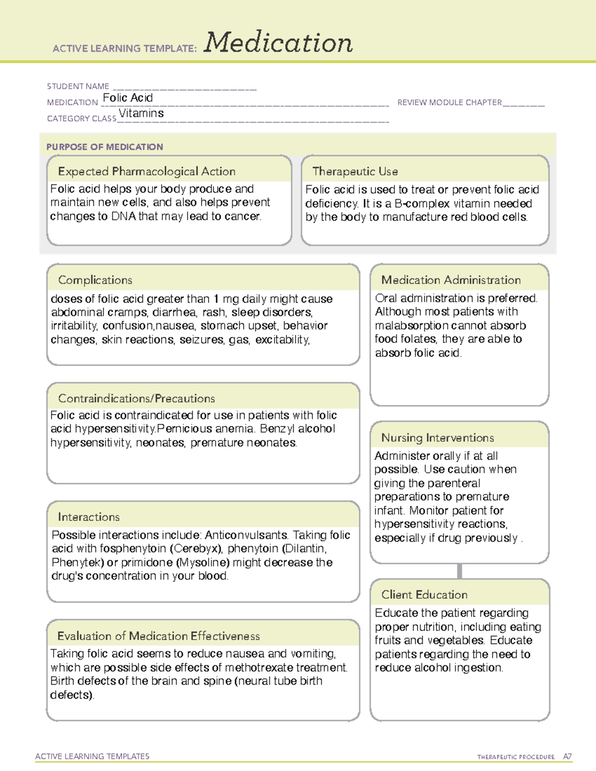 Folic Acid Review notes and answers for quiz 1 NURS 306. Notes for