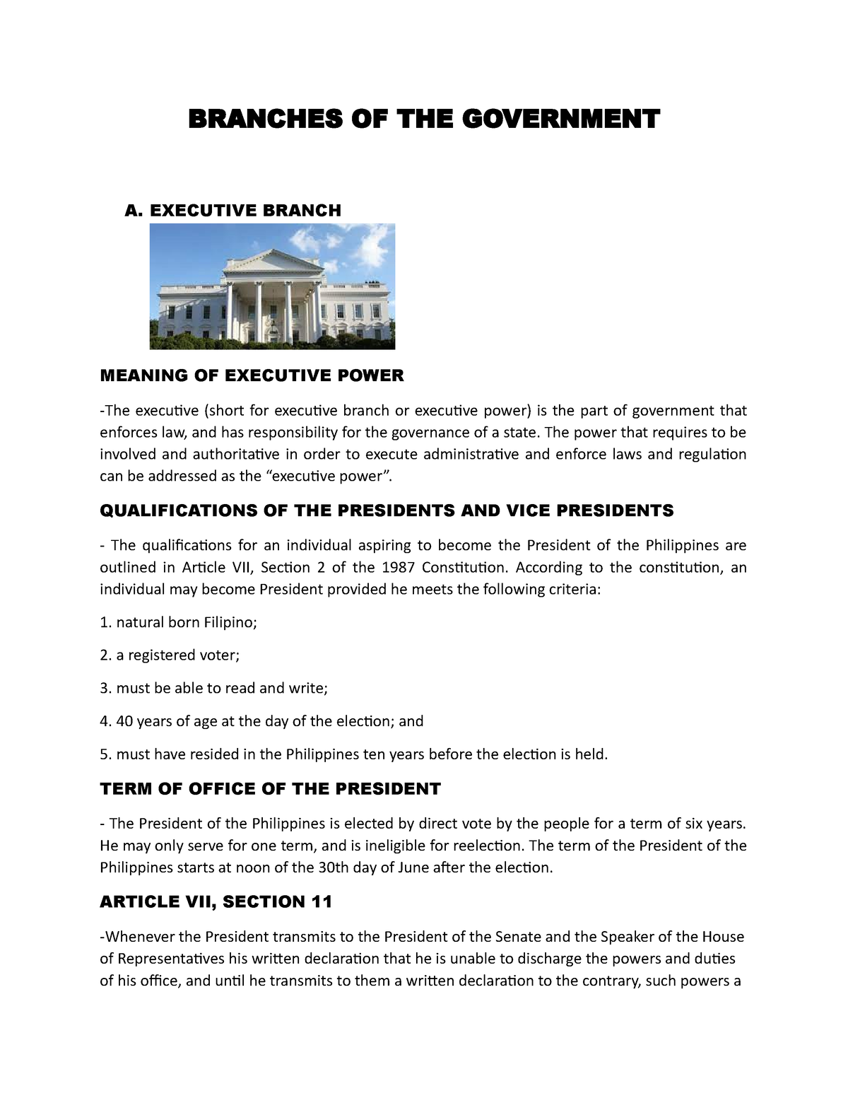 Branches OF THE Government - BRANCHES OF THE GOVERNMENT A. EXECUTIVE ...