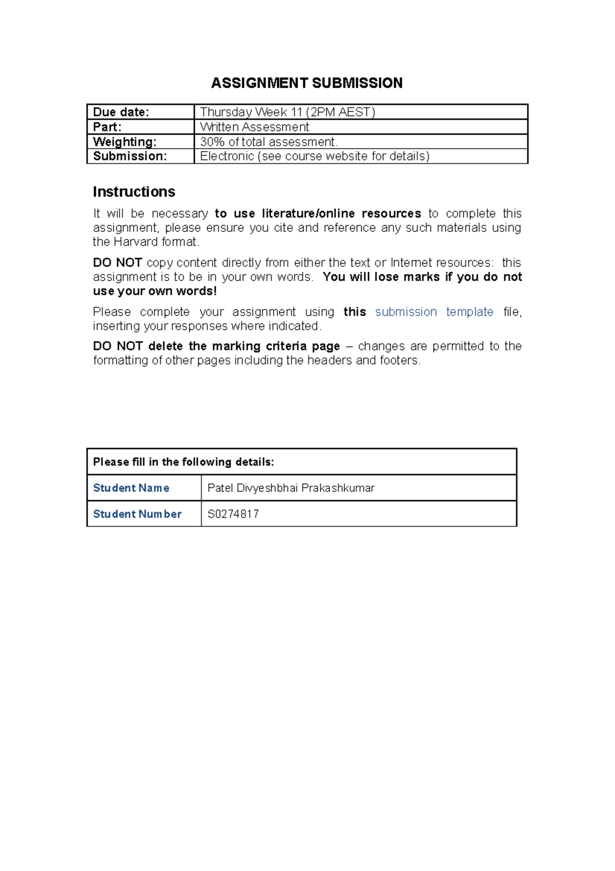 A1 SUB Template s0274817 - ASSIGNMENT SUBMISSION Due date: Thursday ...