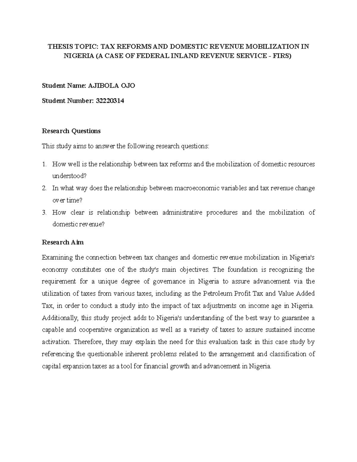 Project Questions And Objectives By Ajibola Ojo - Thesis Topic: Tax 