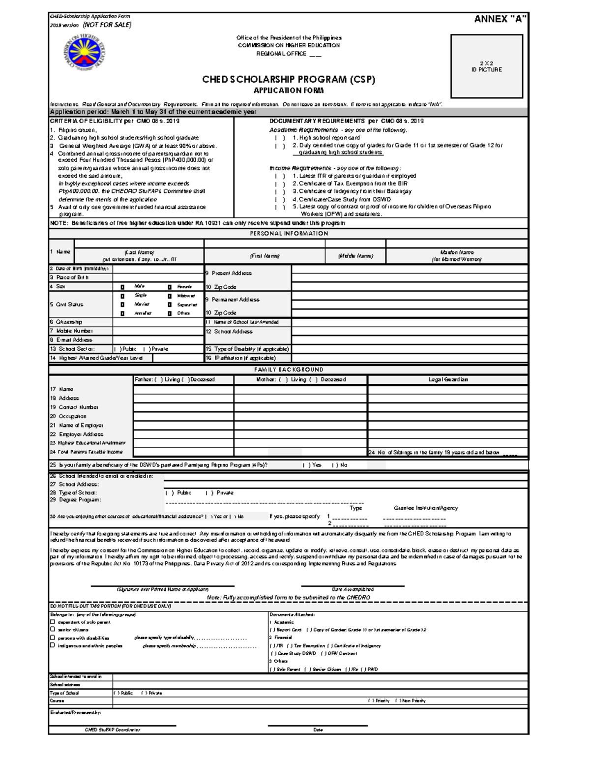 CHED Scholarship Program Application Form Academic Requirements any