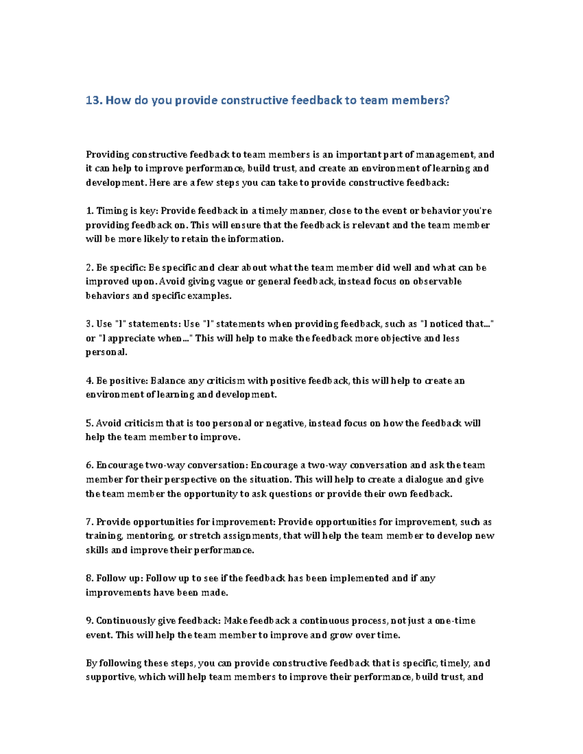Management 3 - 13. How do you provide constructive feedback to team ...