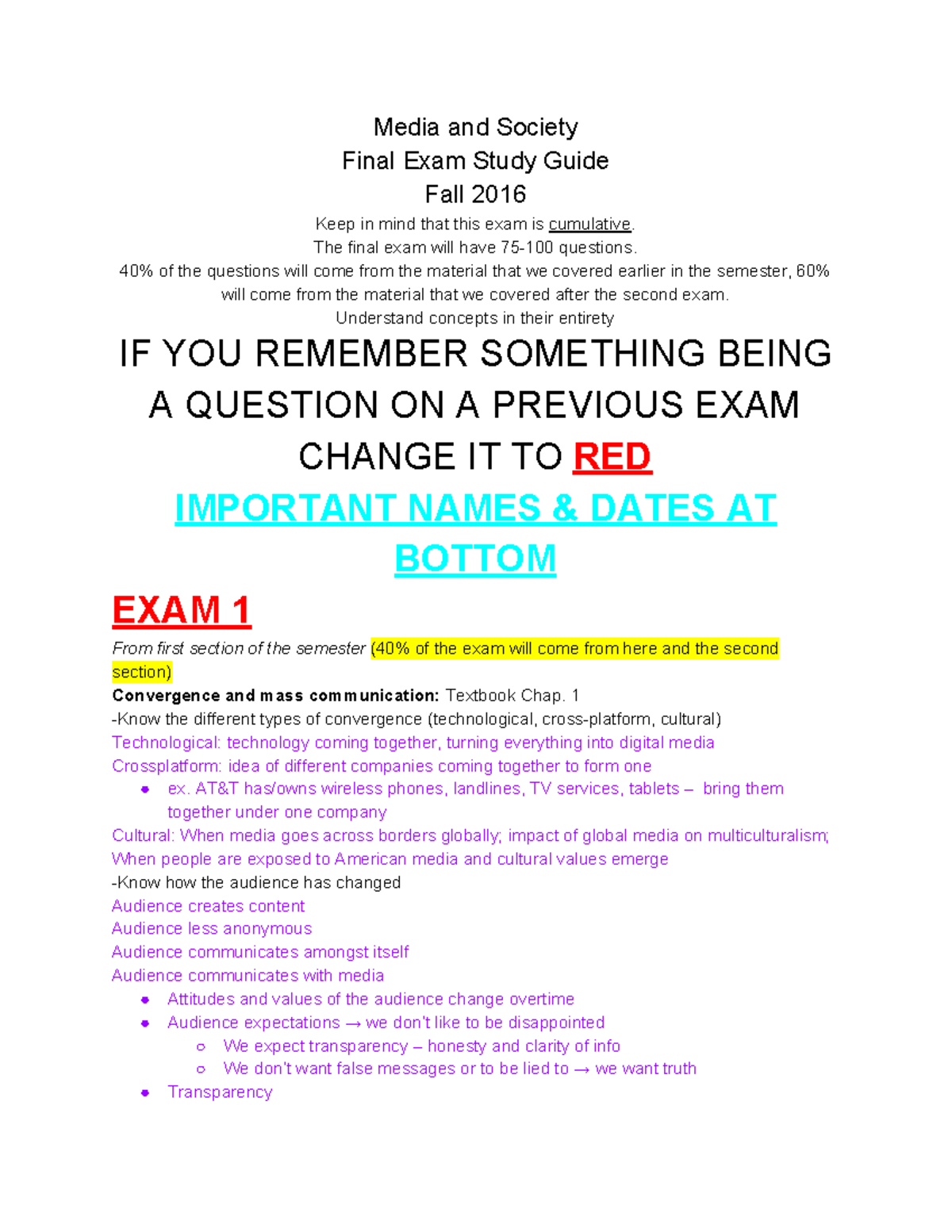 Media and Society Final - Media and Society Final Exam Study Guide Fall ...