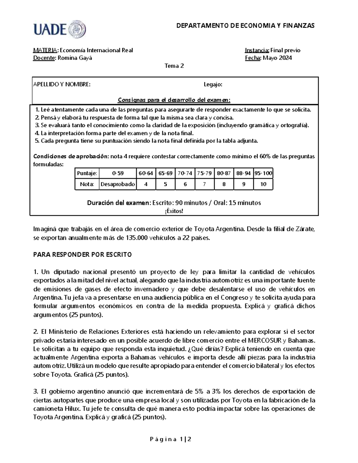 Modelo de final 2 - DEPARTAMENTO DE ECONOMIA Y FINANZAS P á g i n a 1 ...