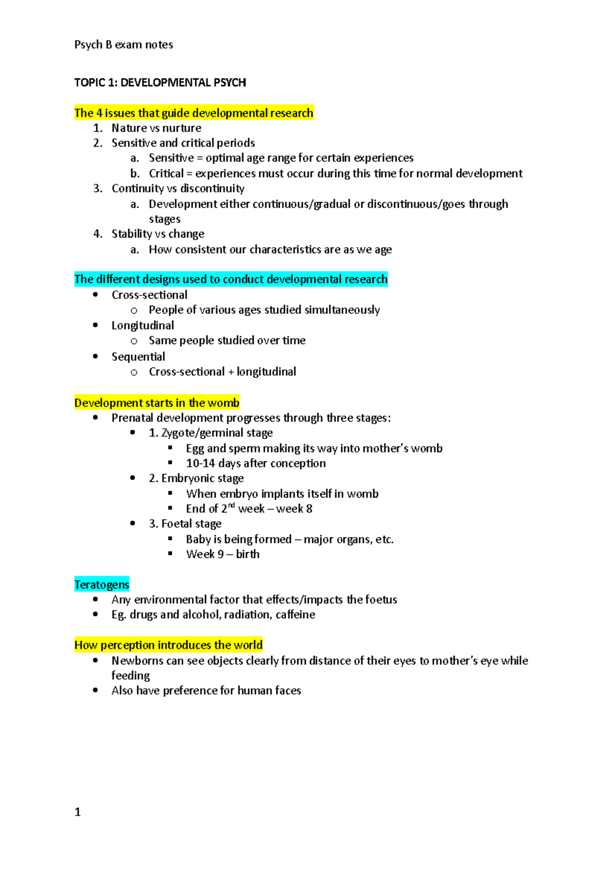 Psych B Exam Notes - Psych B Exam Notes TOPIC 1: DEVELOPMENTAL PSYCH ...