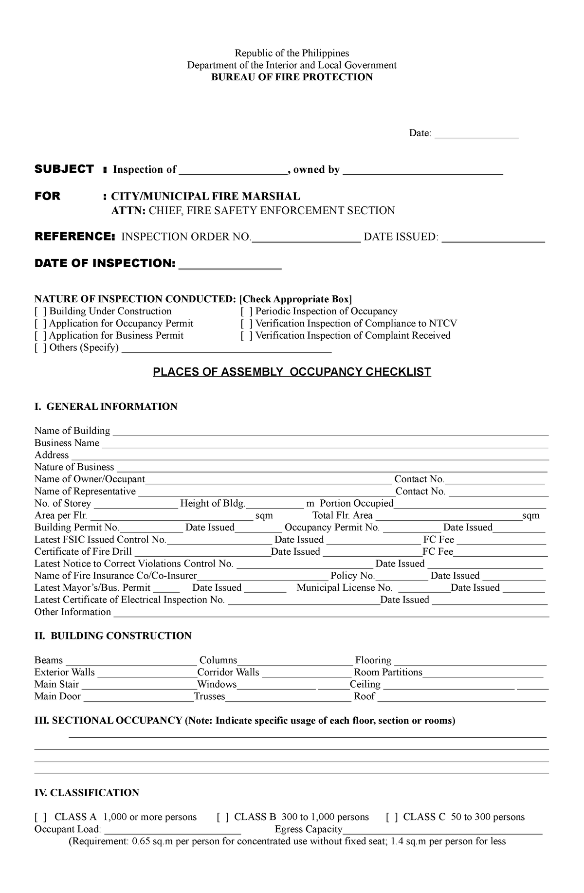 Assembly Occupancy Checklist - Republic Of The Philippines Department 