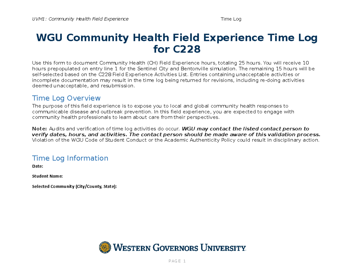 C228 Community Health Field Experience Time Log WGU Community Health