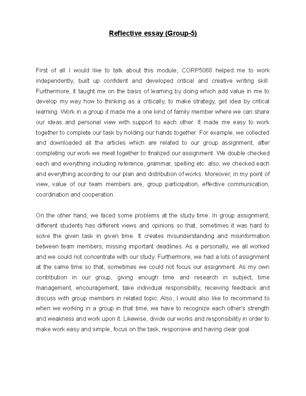 Refeclective individual essay - Reflective essay (Group-5) First of all ...