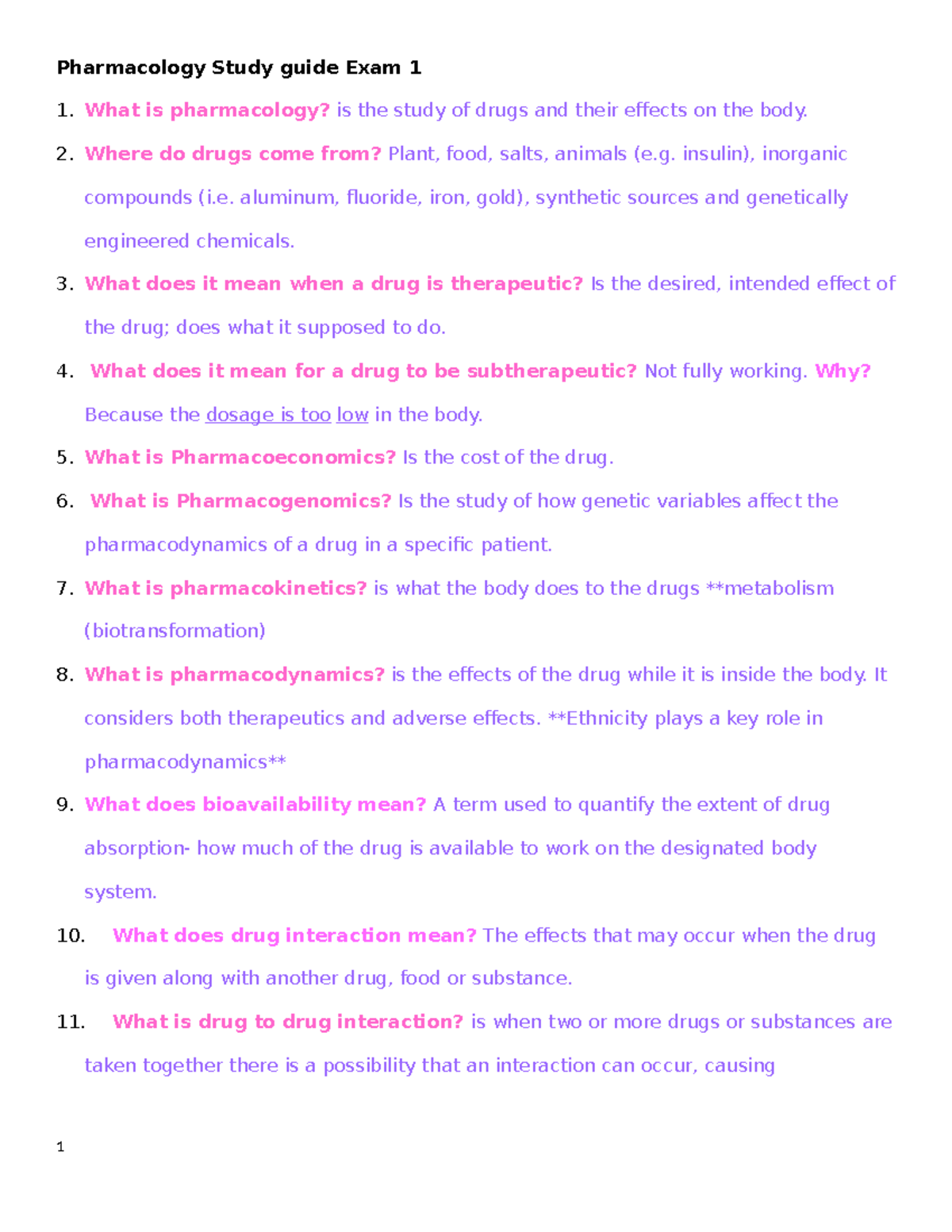 Pharm Exam 1 - exam notes - Pharmacology Study guide Exam 1 What is ...
