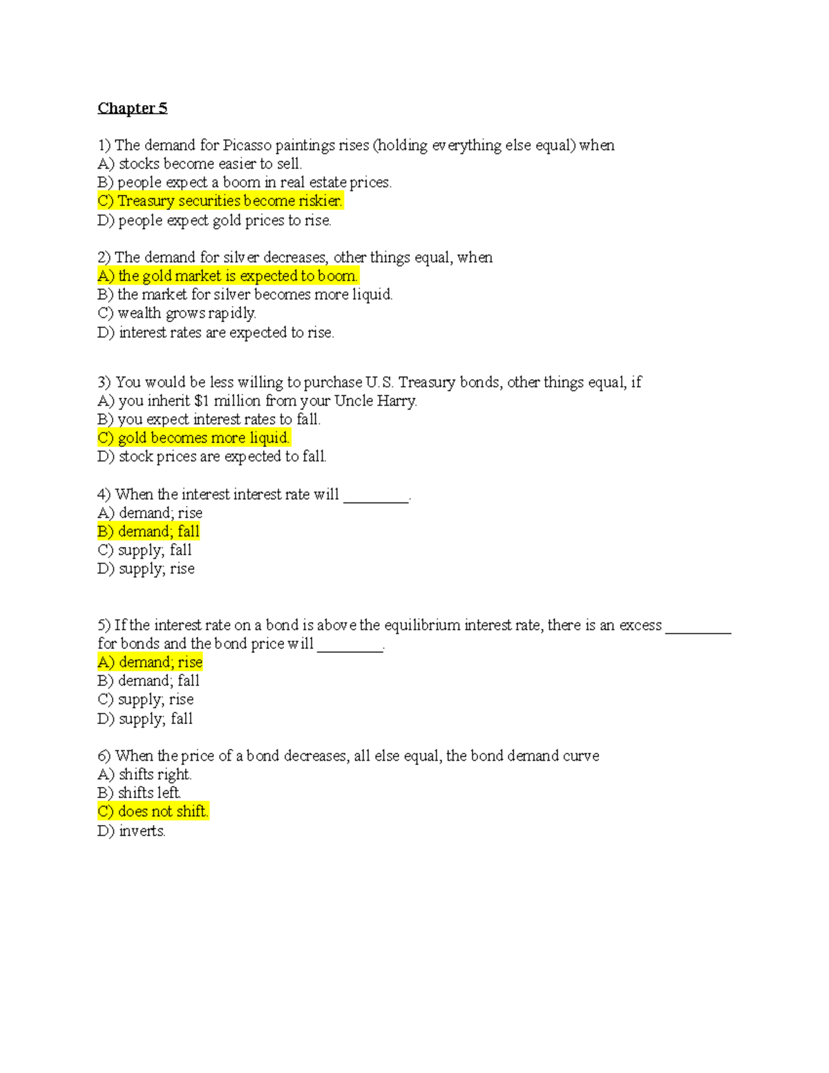 Money and banking test bank Chapter 5 The demand for Picasso