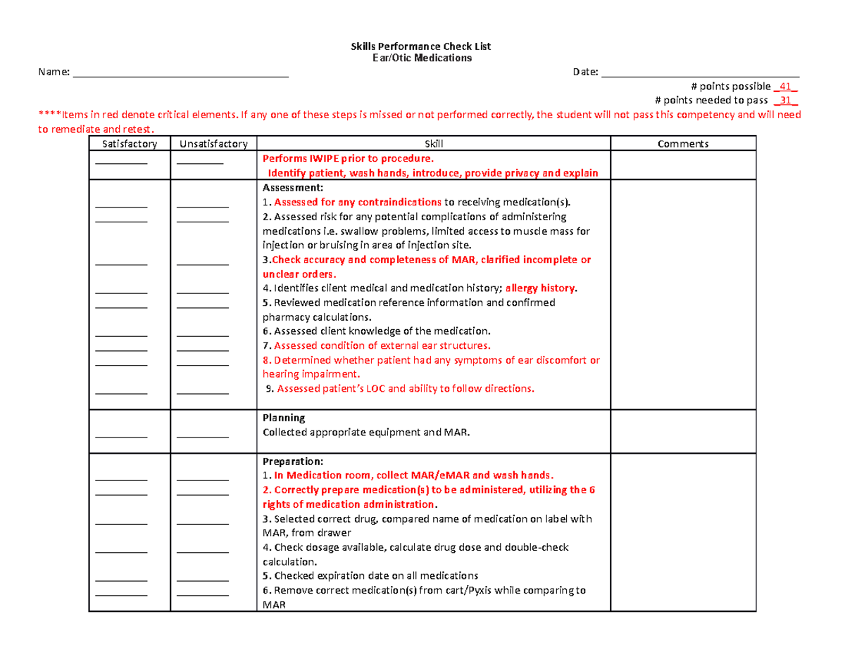 Skills Performance Checklist - Ear-Otic Medications - Skills ...