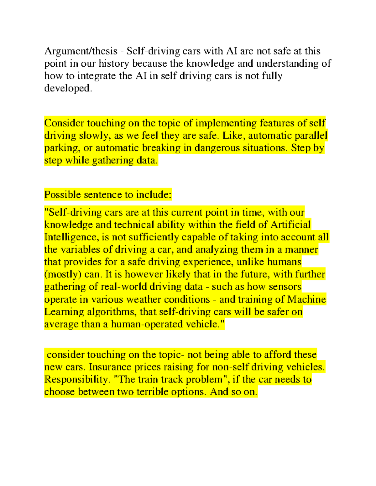 thesis statement about self driving cars