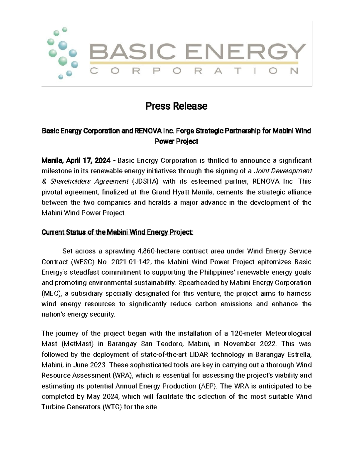 Press Release Article - Jdsha Signed Between Basic Energy & Renova Inc ...