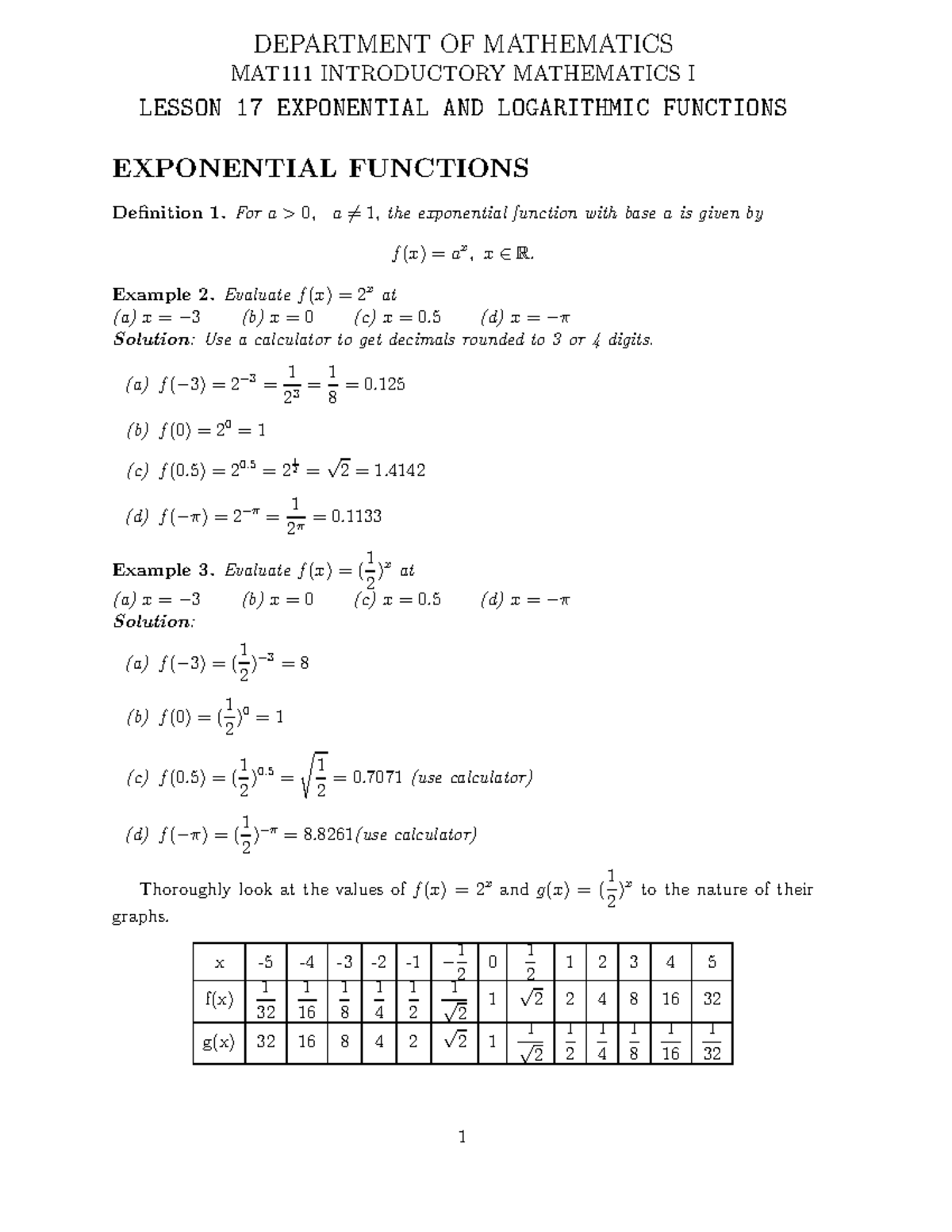 MAT111 Lesson 17-1 - DEPARTMENT OF MATHEMATICS MAT111 INTRODUCTORY ...