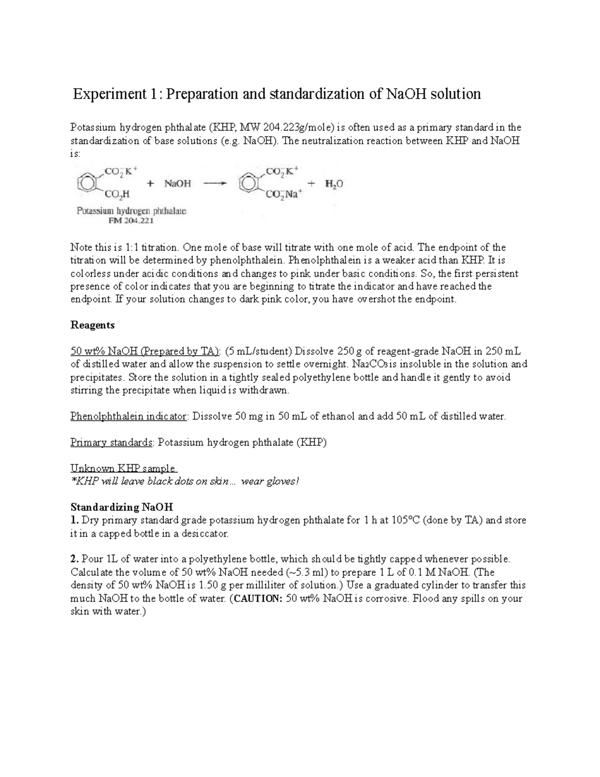 Lab 1 Standardization of Na OH 2021 edit Copy Experiment 1