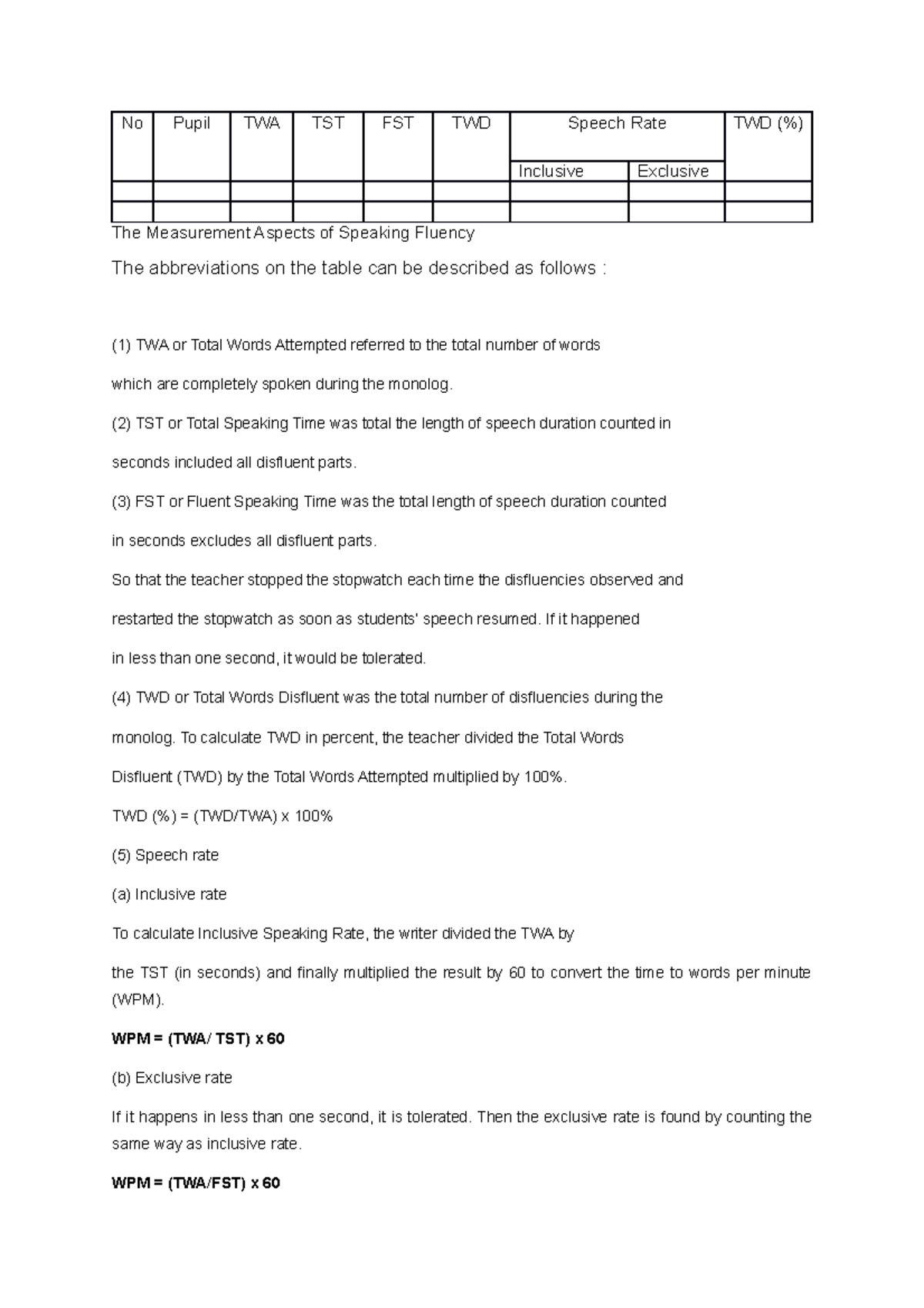 Measurement OF Fluency - No Pupil TWA TST FST TWD Speech Rate TWD ...