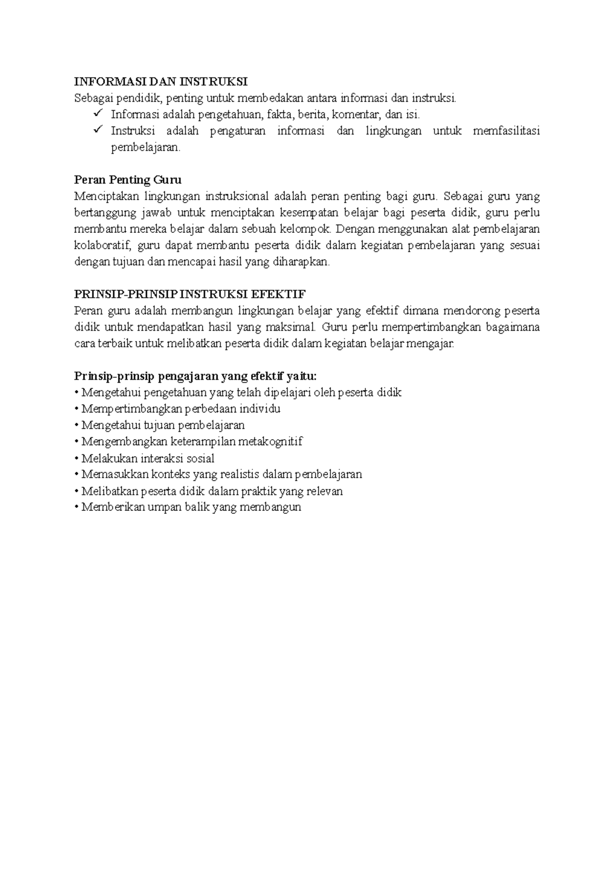 Information and instruction principles of effective instruction