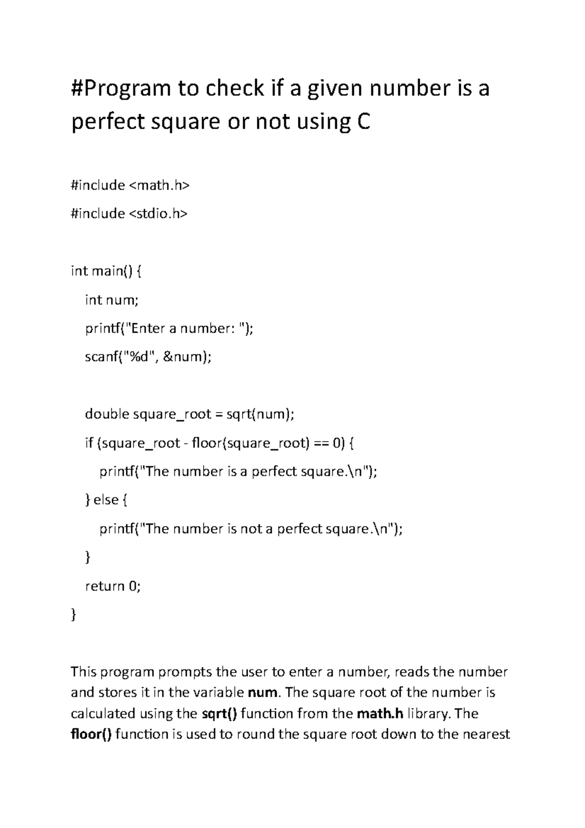 Number Is A Perfect Square Or Not Using C Program To Check If A 