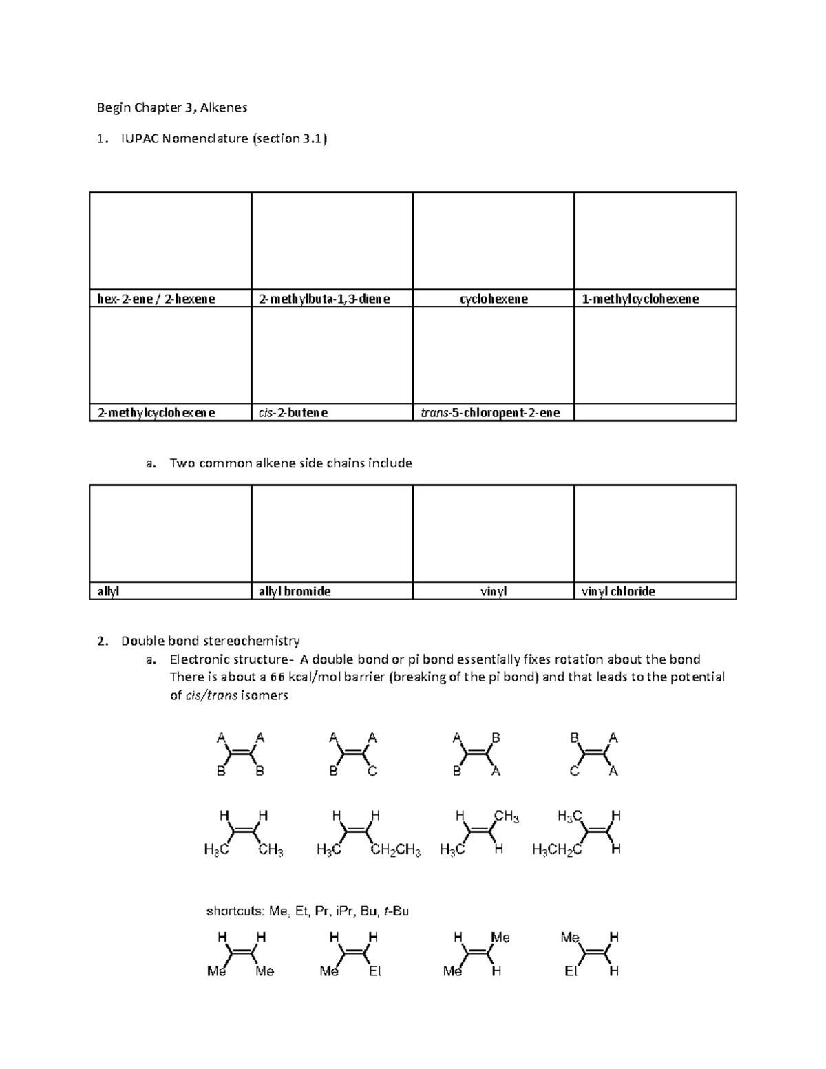 Chapter 3 notes - Spring semester 2014 - Begin Chapter 3, Alkenes IUPAC ...