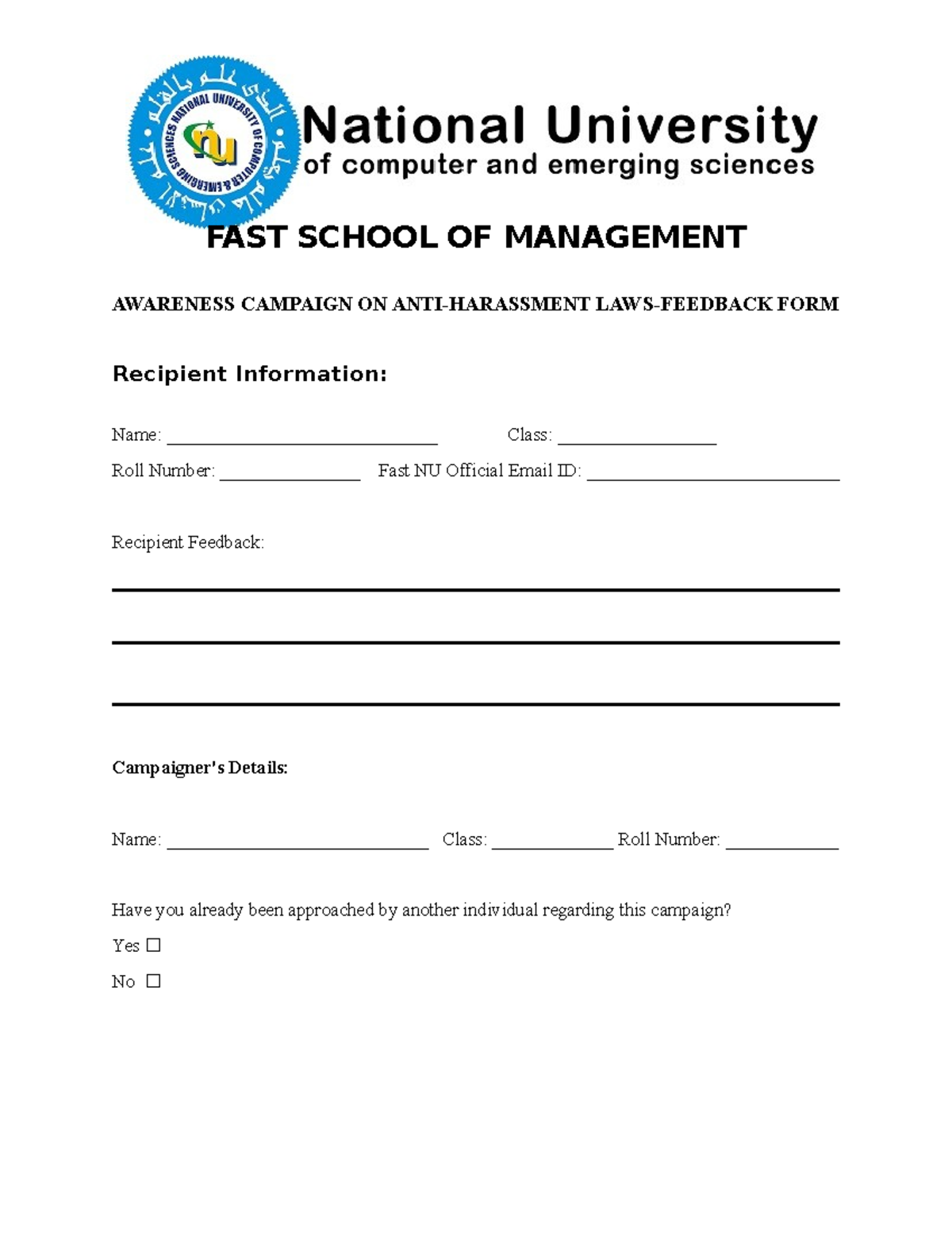 Awareness Campaign Form - FAST SCHOOL OF MANAGEMENT AWARENESS CAMPAIGN ...