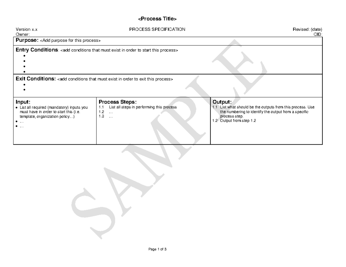Sample Process Design Version x PROCESS SPECIFICATION Revised (date