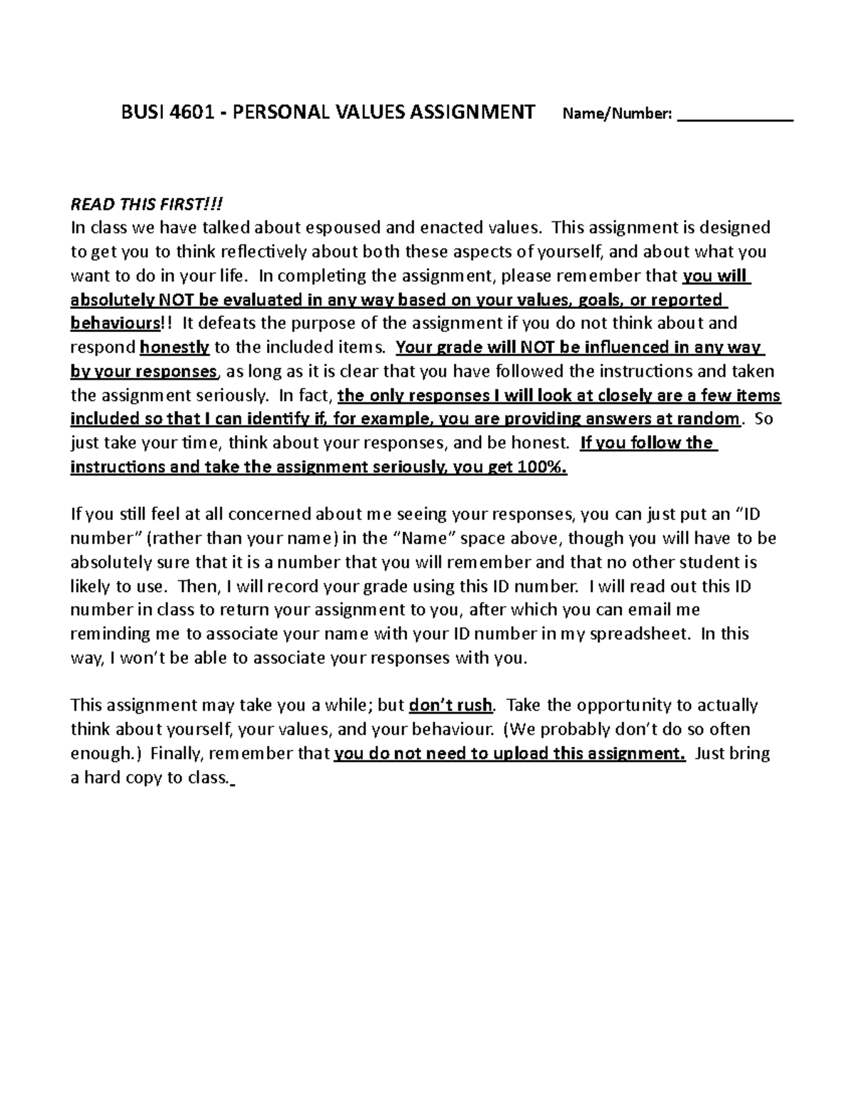 Values Assignment, Fall 2017 - BUSI 4601 - PERSONAL VALUES ASSIGNMENT ...