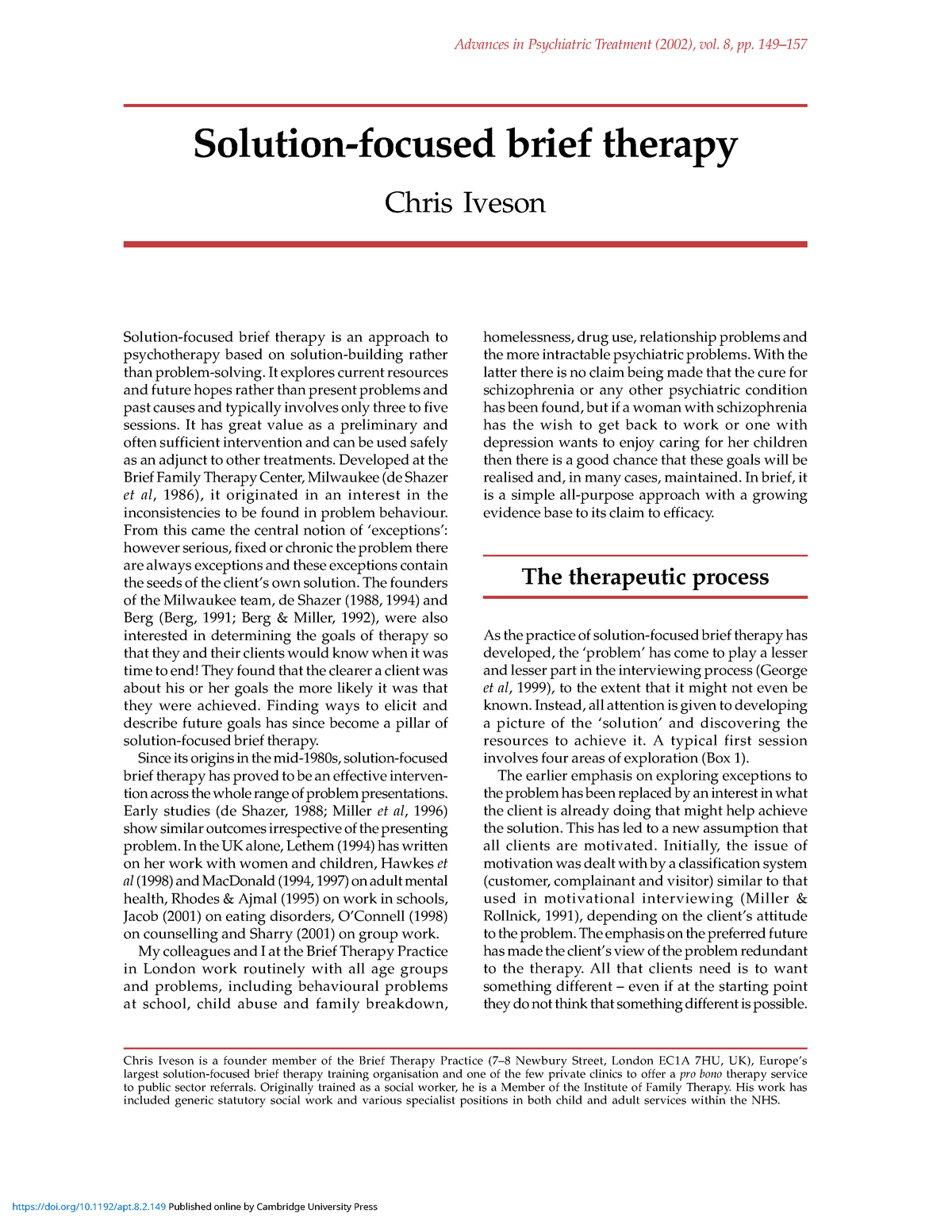 Solutionfocused Brief Therapy - 8, Pp. 149–157APT (2002), Vol. 8, P ...