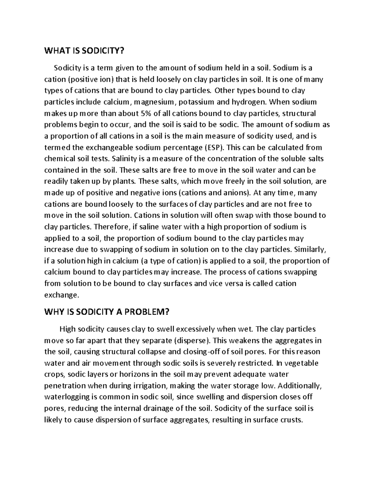 SSAC-425 notes on sodic soil - WHAT IS SODICITY? Sodicity is a term ...