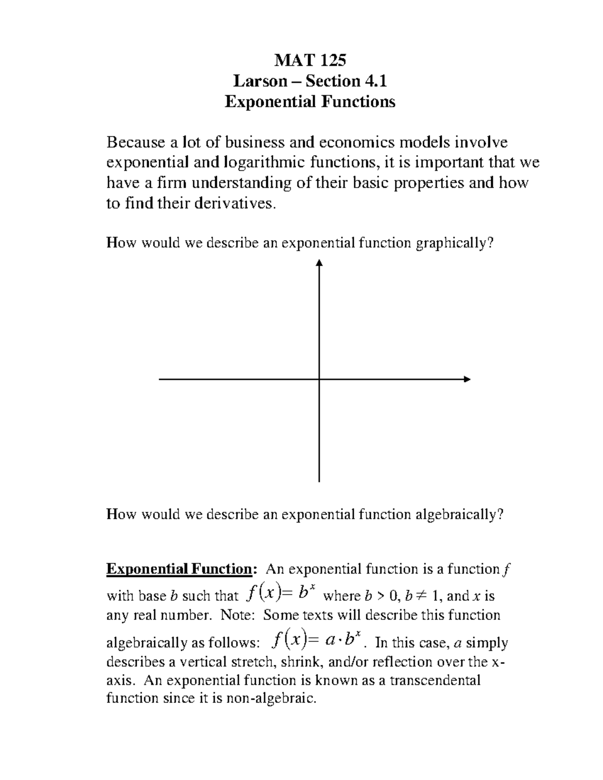 4.1, 4.2 - Exponential Functions - ####### MAT 125 ####### Larson ...