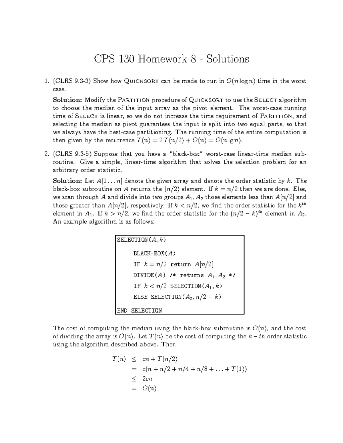 H8-solution - CPS 130 Homework 8 - Solutions (CLRS 9-3) Show How ...