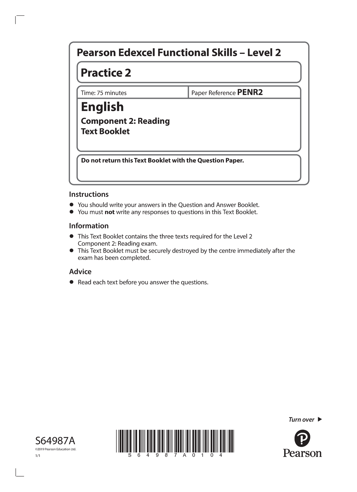 Pearson Edexcel Functional Skills English Level 2 Reading Text Booklet 