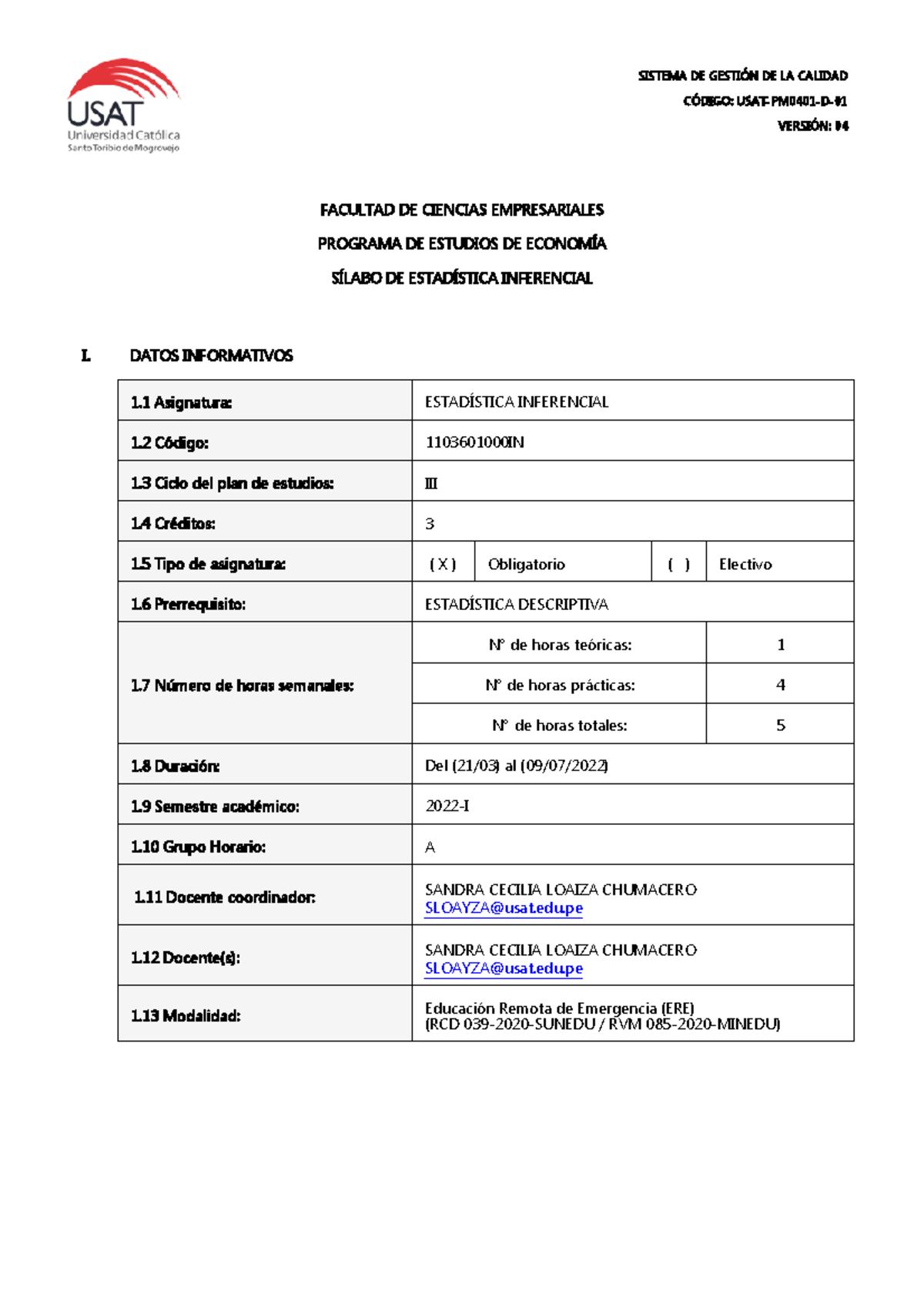 Silabo 2022-I Estadística Inferencial A Silabo 2022-I Estadística ...