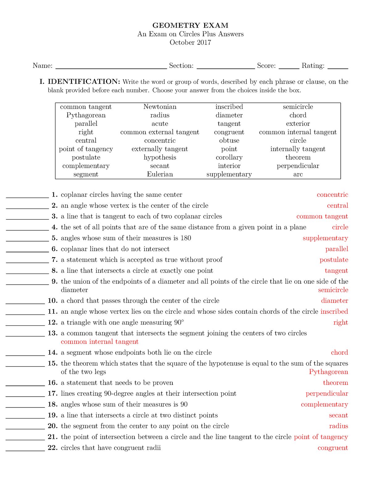 An Exam on Circles - GEOMETRY EXAM An Exam on Circles Plus Answers ...