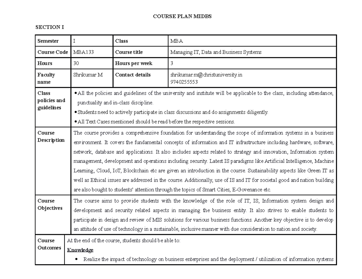 Course Plan 2019 MBA 133 ( Midbs) v0 - COURSE PLAN MIDBS SECTION I ...
