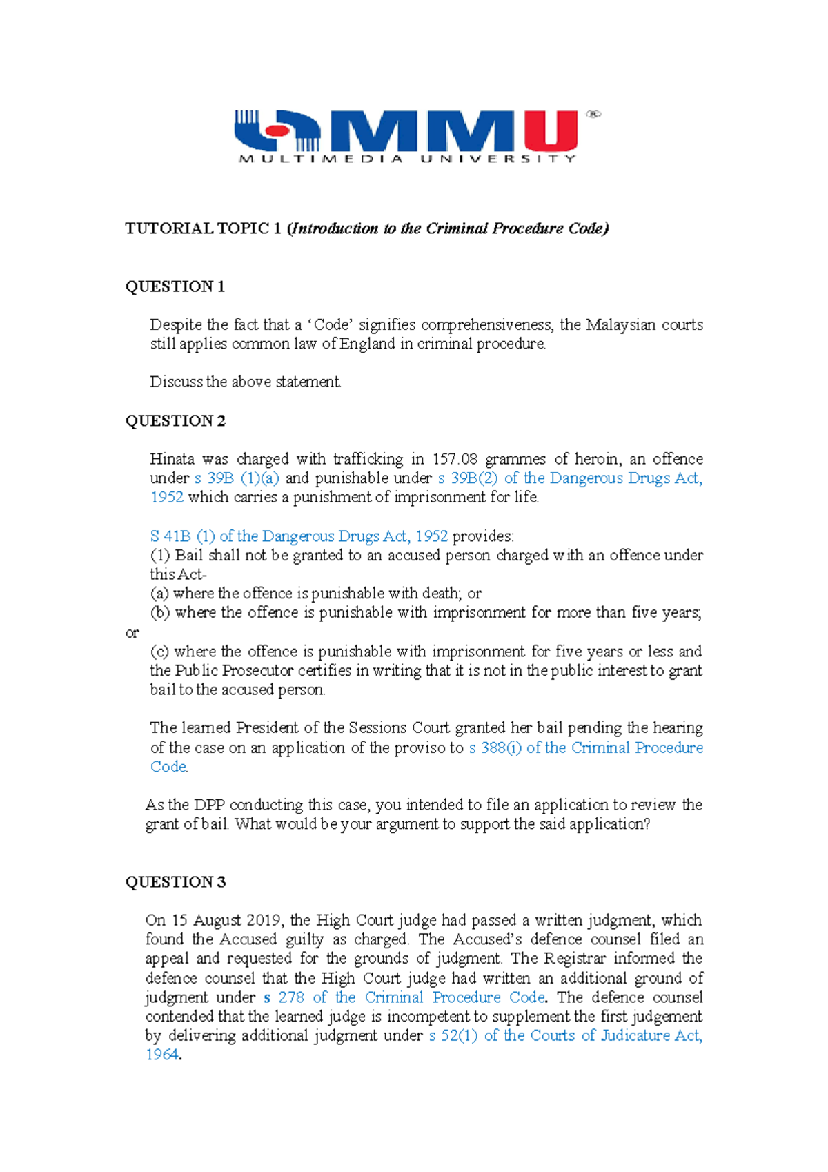 378292 Tutorial Topic 1-Q - TUTORIAL TOPIC 1 ( Introduction to the ...