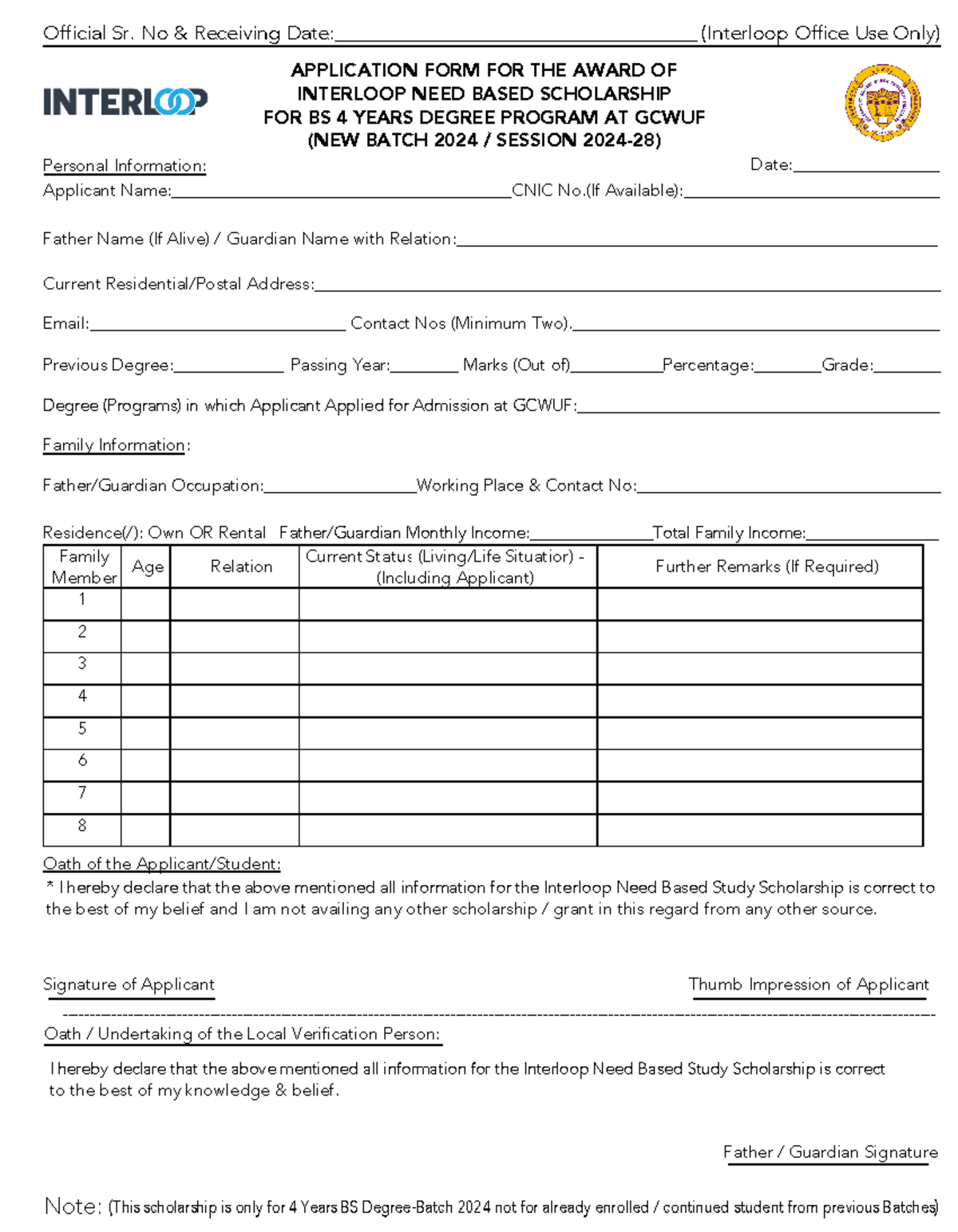 Application Form Interloop Need Based Scholarship 2024 28 Batch at