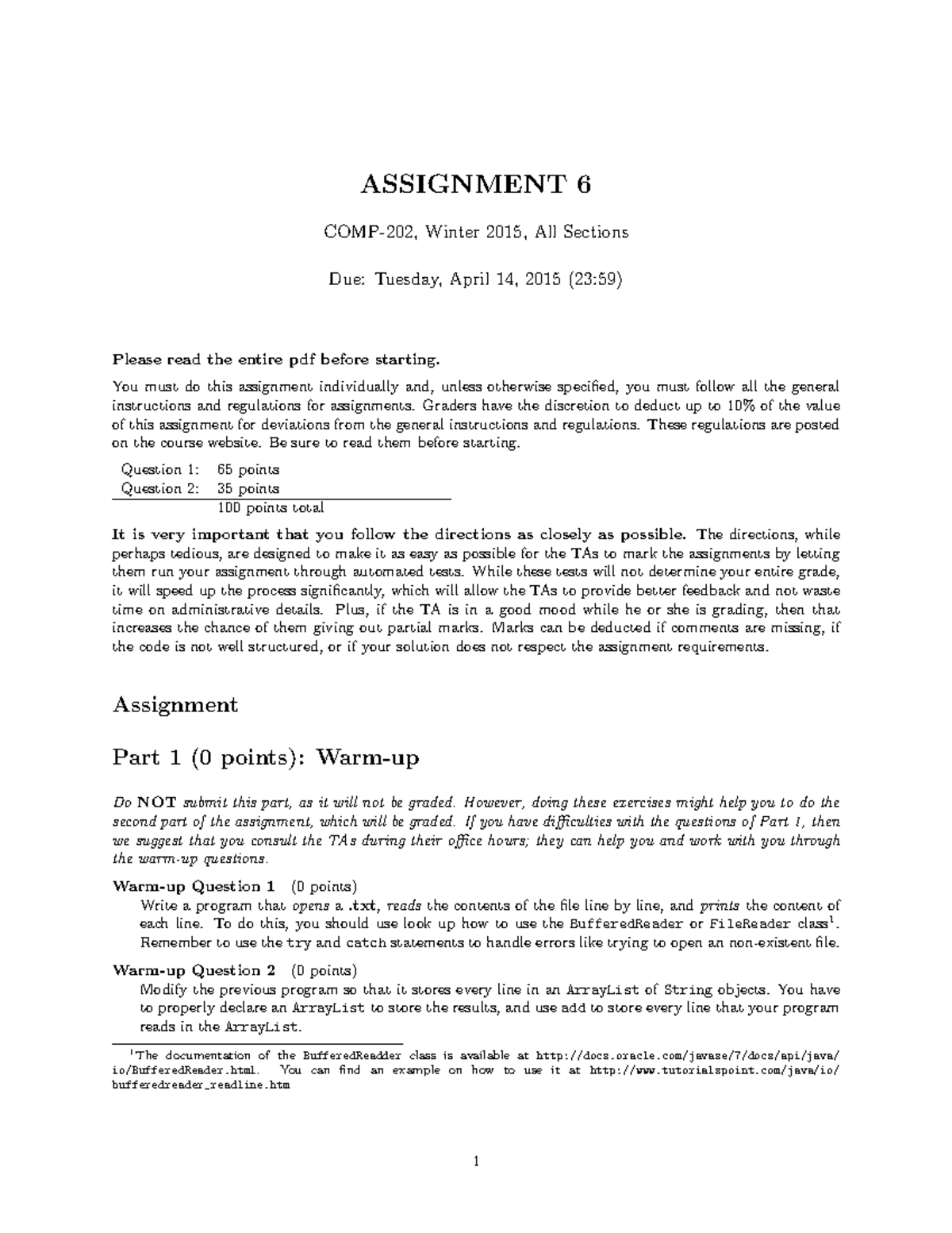 Assignment 6 - Practice/Exam - ASSIGNMENT 6 COMP-202, Winter 2015, All ...