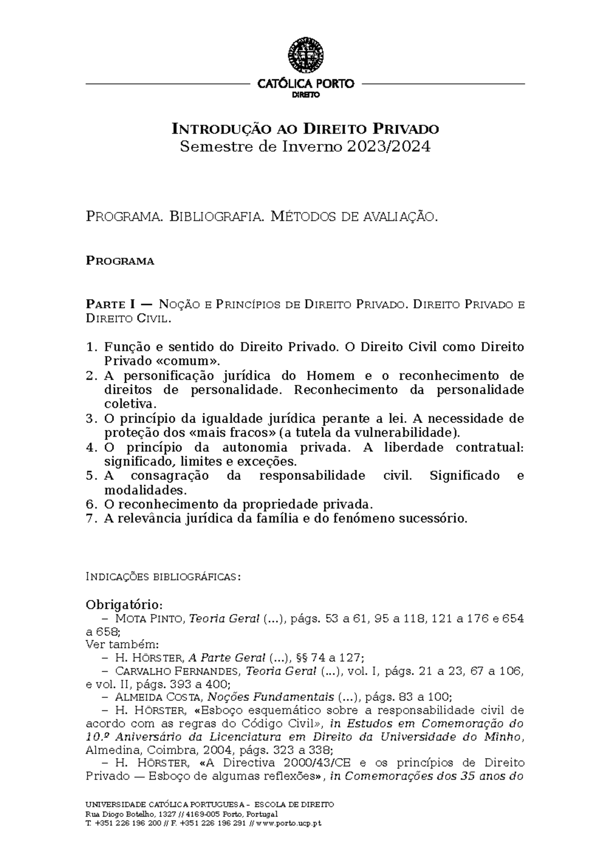 IDP - Programa 2023-2024 - INTRODUÇÃO AO DIREITO PRIVADO Semestre de ...