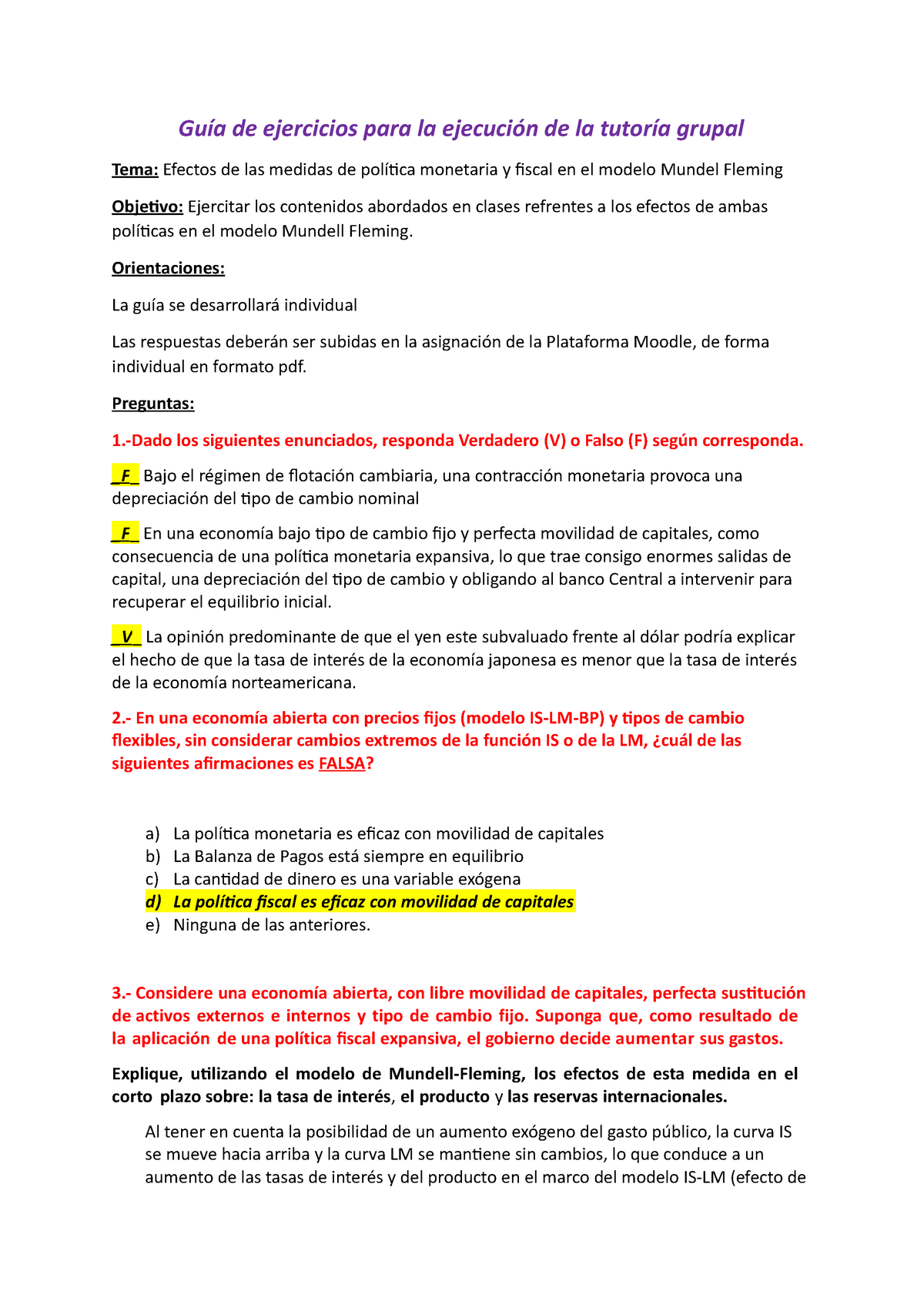 Guia de ejercicios para la ejecución de la tutoría grupal Mundell Fleming -  Guía de ejercicios para - Studocu