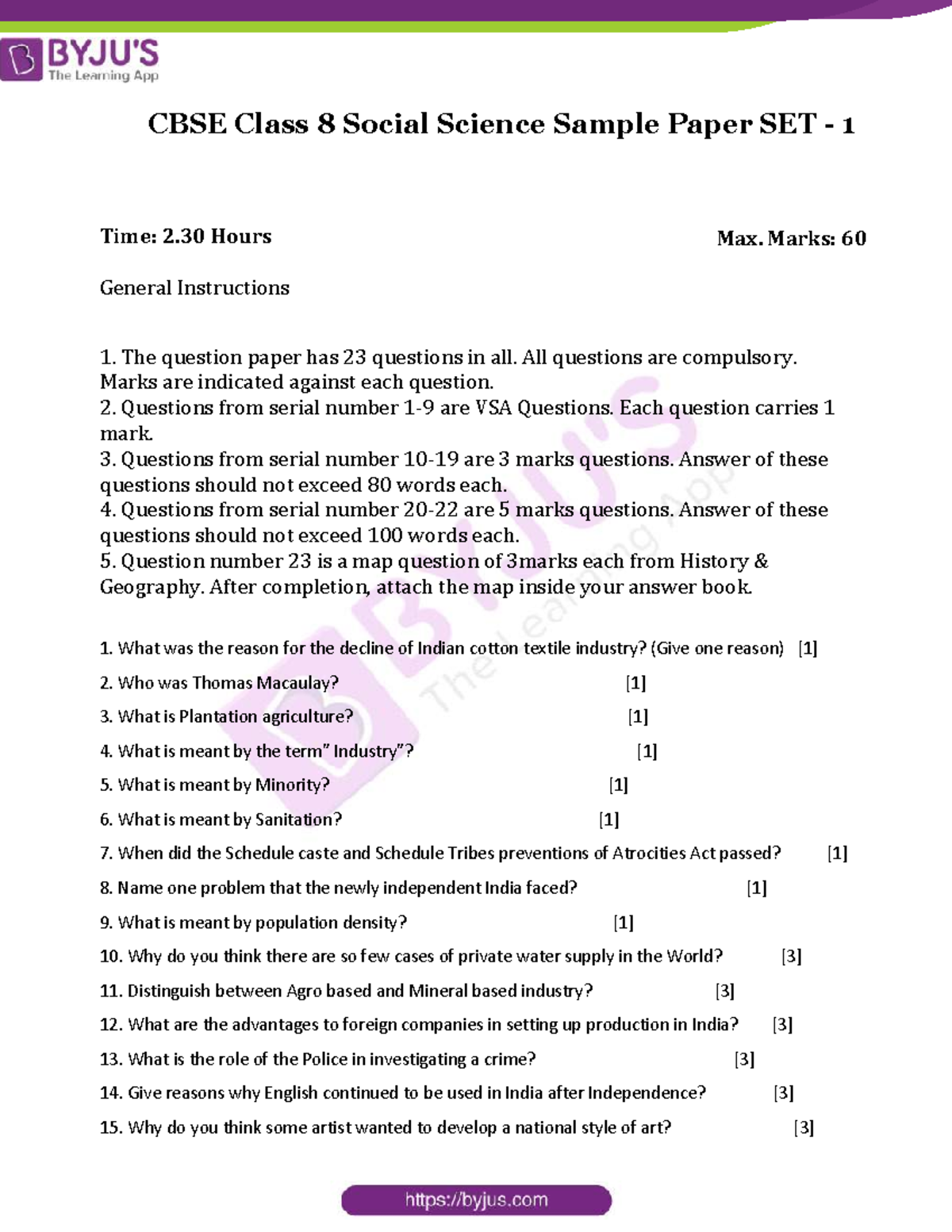 Cbse Sample Papers Social Science Class 8 Set 1 Cbse Class 8 Social