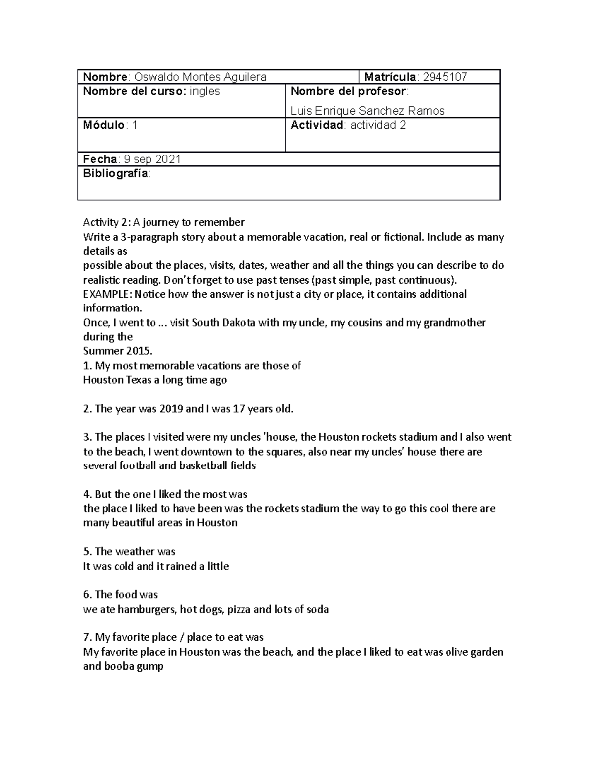Activity 2 ingles dos universidad tecmilenio - Nombre : Oswaldo Montes ...