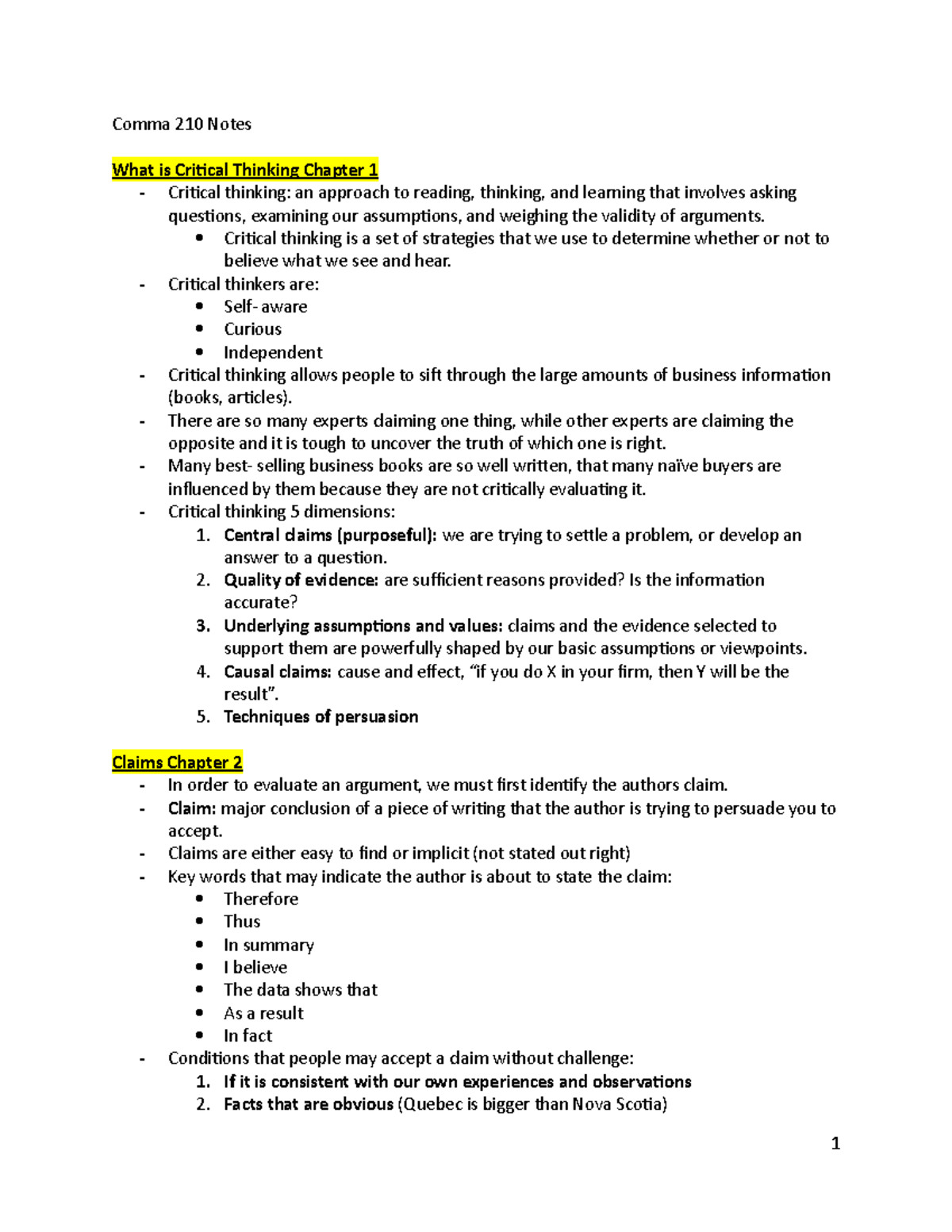 Comm 210 Notes - Comma 210 Notes What is Critical Thinking Chapter 1 ...