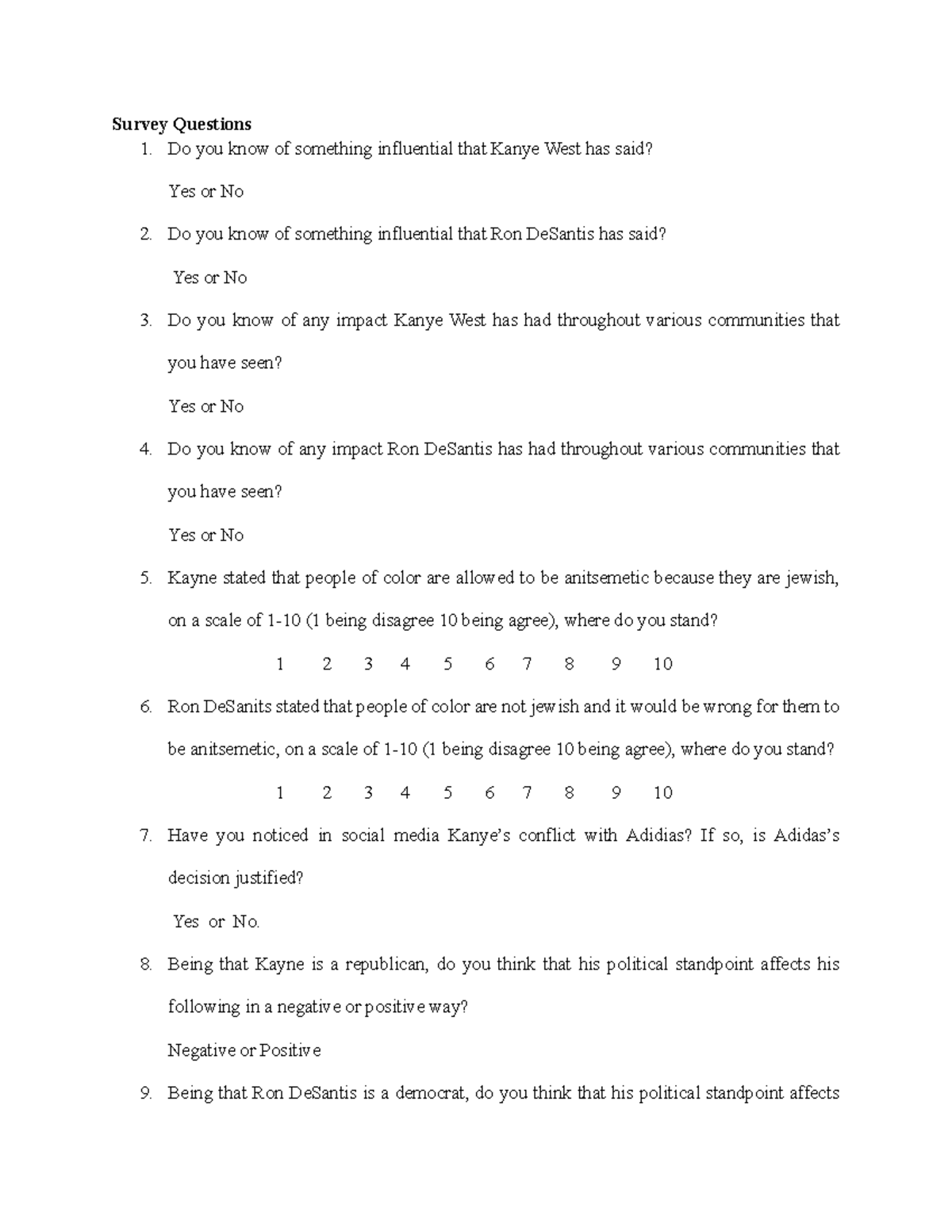 Survey Questions - Do you know of something influential that Kanye West ...