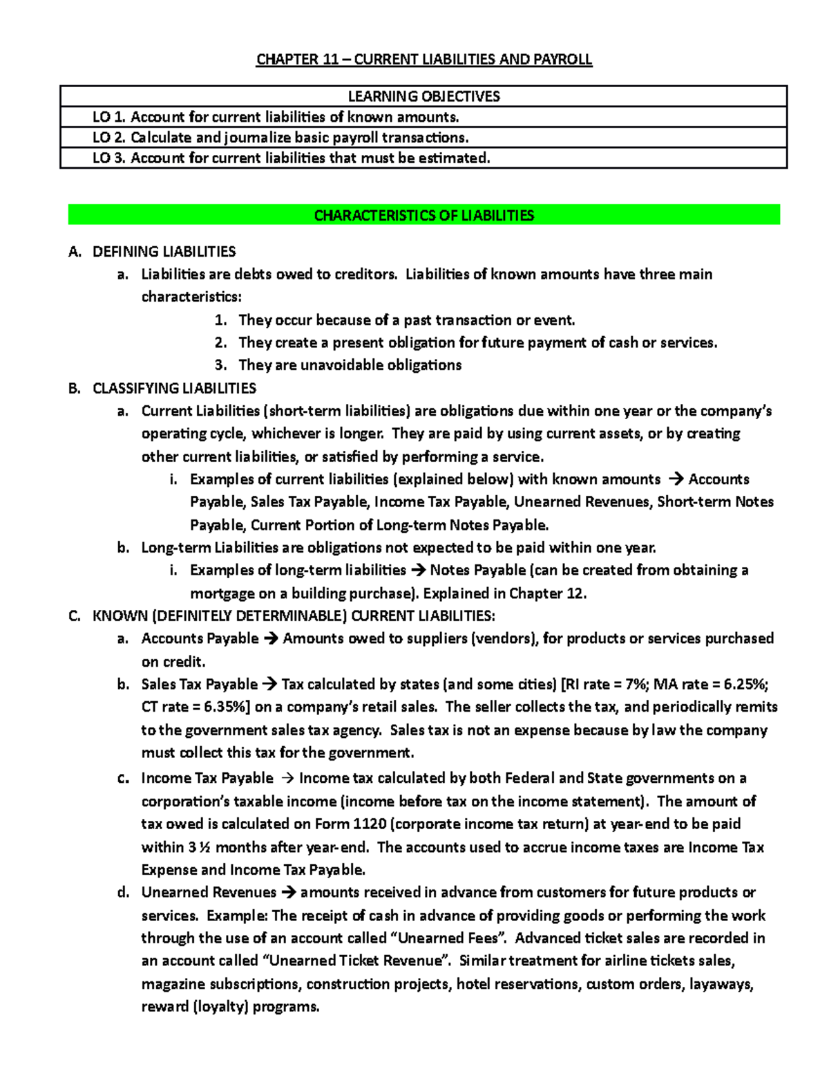 Chapter 11 - LO 1. Outline - Current Liabilities and Payroll - CHAPTER ...