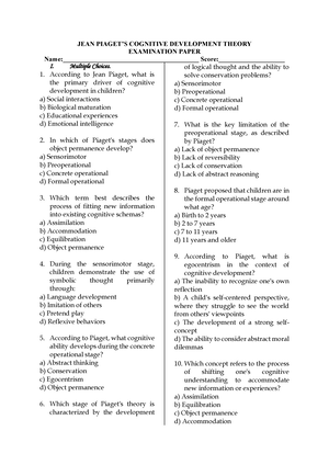 Jean Piaget Cognitive Development Theory JEAN PIAGET S COGNITIVE