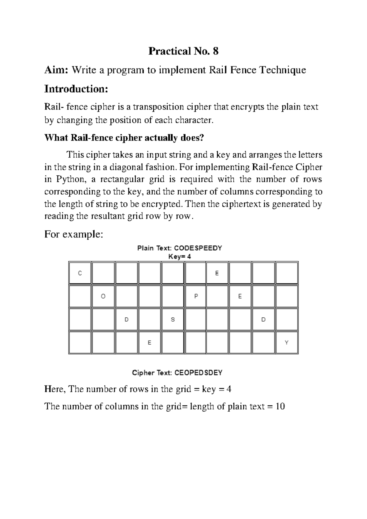 8-16NIS - Practical No. 8 Aim: Write a program to implement Rail Fence ...