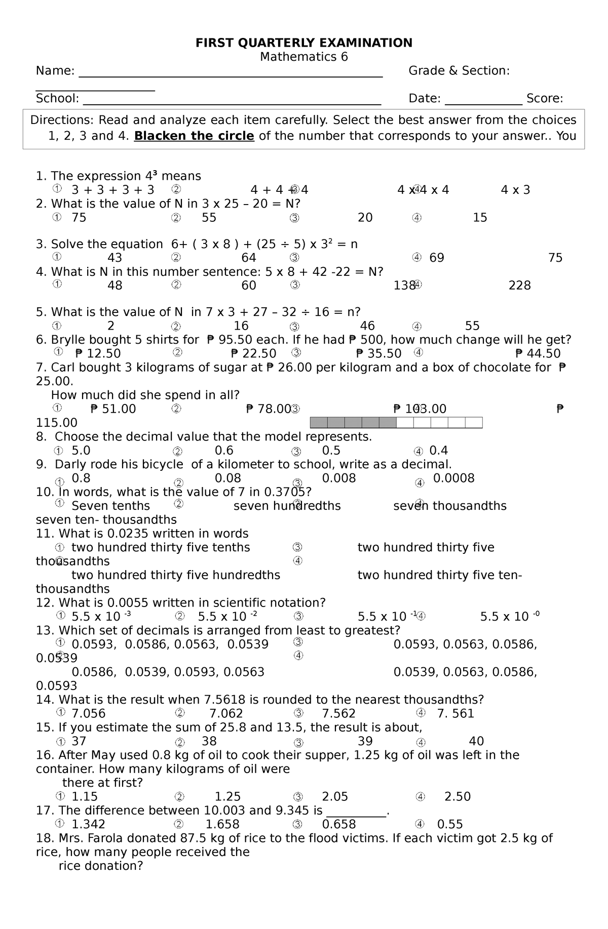 PT Mathematics 6 Q1 V2 - Examination paper - FIRST QUARTERLY ...