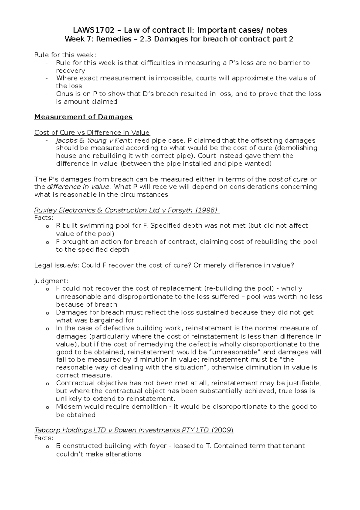 Contracts II important cases: rules - W7 - LAWS1702 – Law of contract ...
