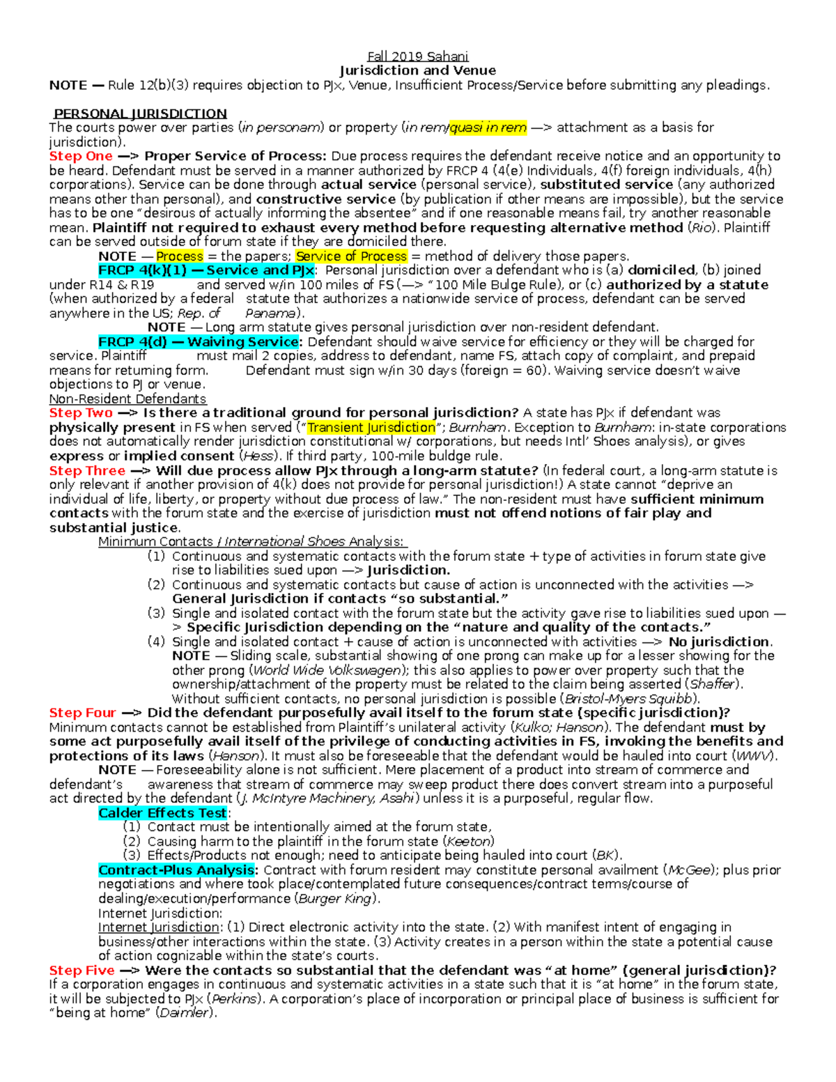 Civprosahani 2019 - Civ Pro Outline - Fall 2019 Sahani Jurisdiction and ...